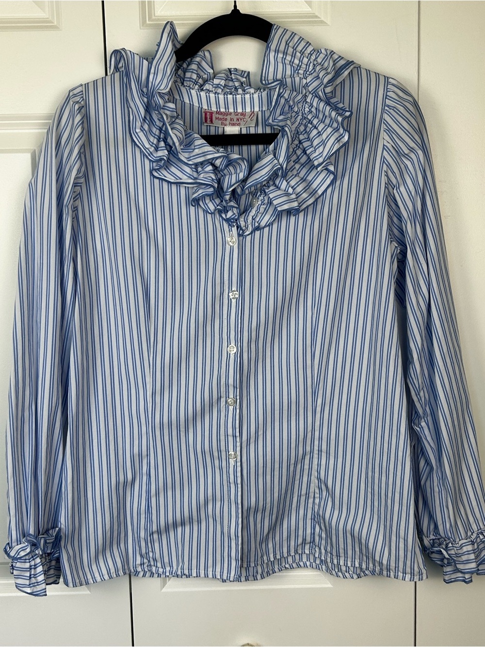 Maggie Gray Blue and White Striped Ruffle Button-Up Blouse